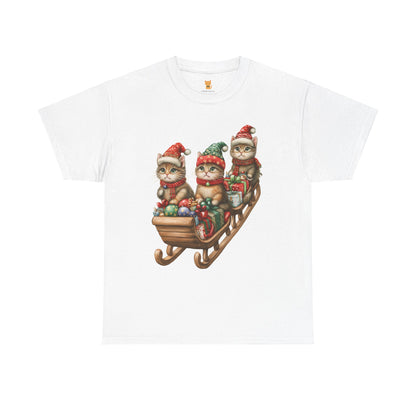 Festive Sleigh Cats T-Shirt – Adorable Holiday Design on Cozy Cotton Tee