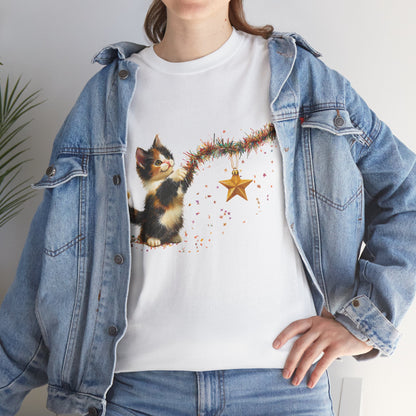 Playful Kitten Star T-Shirt - Funny Cat and Christmas Star on Comfy Cotton Tee