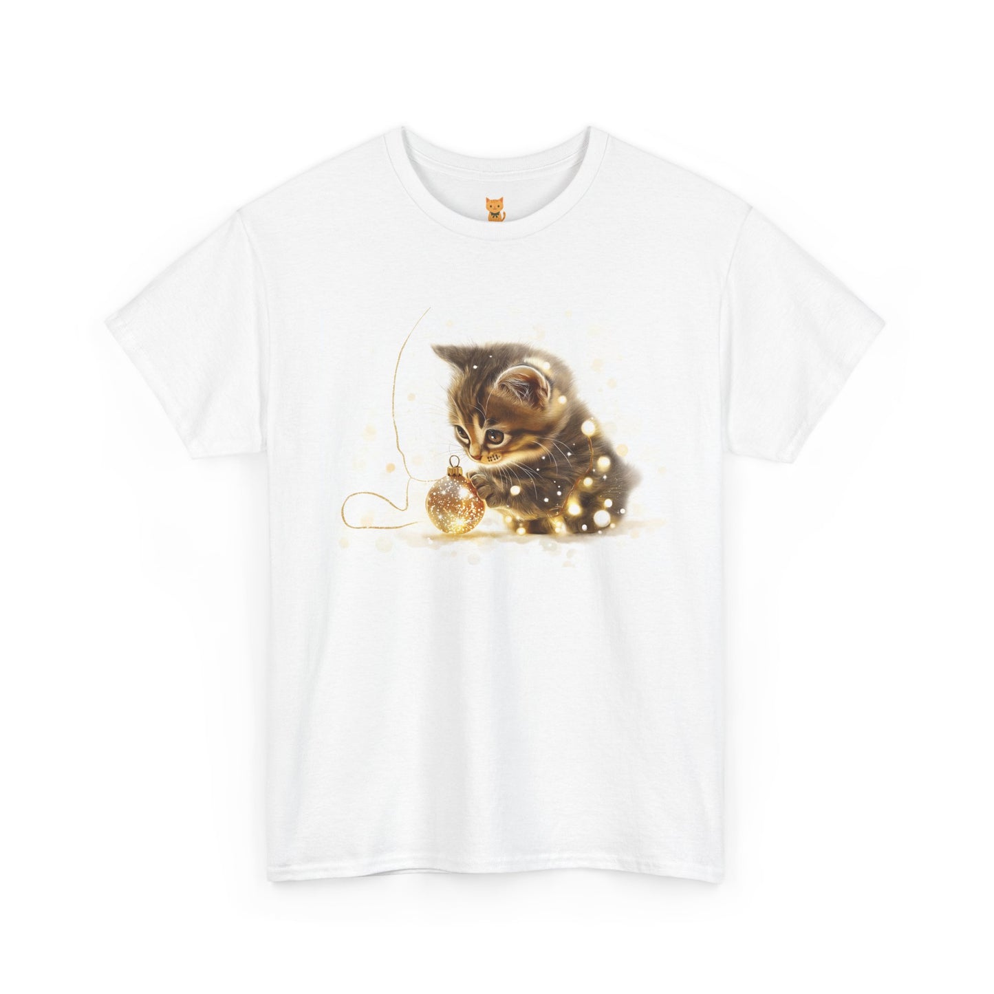 Golden Lights Kitten T-Shirt – Playful Festive Kitten Playing with Fairy Lights