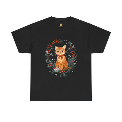 Festive Wreath Cat T-Shirt - Holiday Cat Design with Seasonal Charm