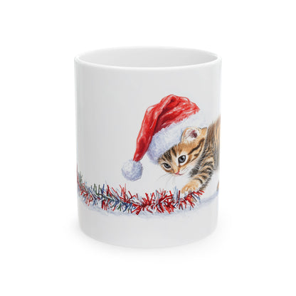 Christmas Kitten Mug – Festive Ceramic Coffee Cup with Playful Kitten in Santa Hat