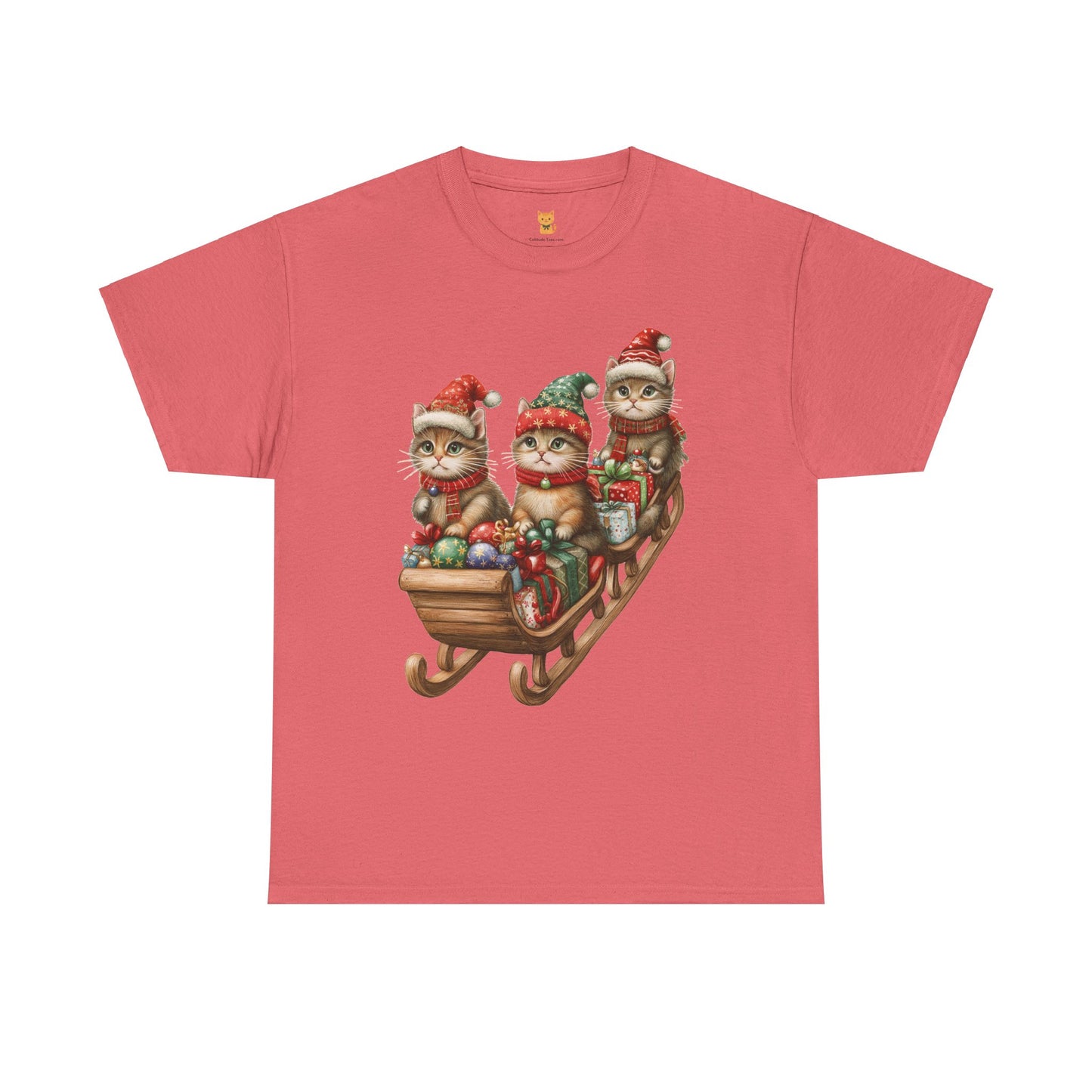 Festive Sleigh Cats T-Shirt – Adorable Holiday Design on Cozy Cotton Tee