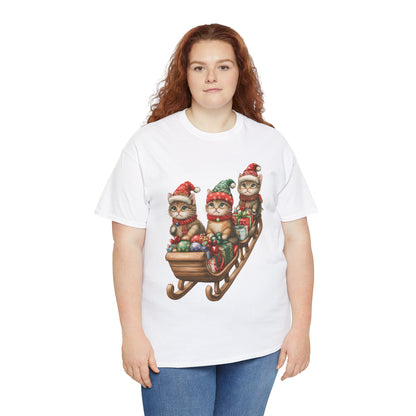 Festive Sleigh Cats T-Shirt – Adorable Holiday Design on Cozy Cotton Tee