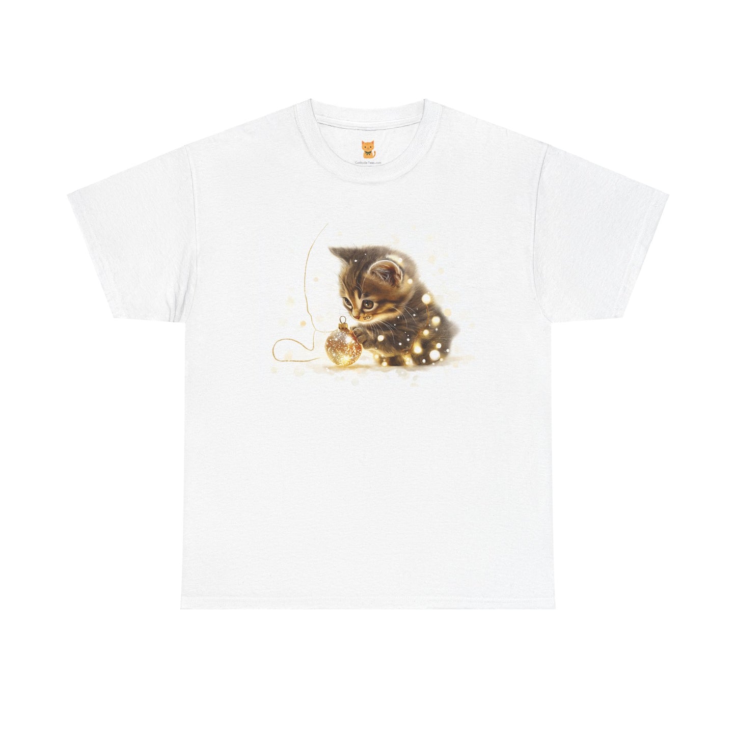 Golden Lights Kitten T-Shirt – Playful Festive Kitten Playing with Fairy Lights