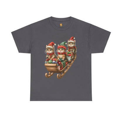 Festive Sleigh Cats T-Shirt – Adorable Holiday Design on Cozy Cotton Tee