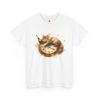 New Year's Cat with Clock and Champagne - Festive T-Shirt Design