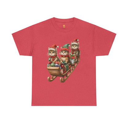 Festive Sleigh Cats T-Shirt – Adorable Holiday Design on Cozy Cotton Tee