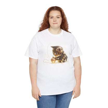 Golden Lights Kitten T-Shirt – Playful Festive Kitten Playing with Fairy Lights