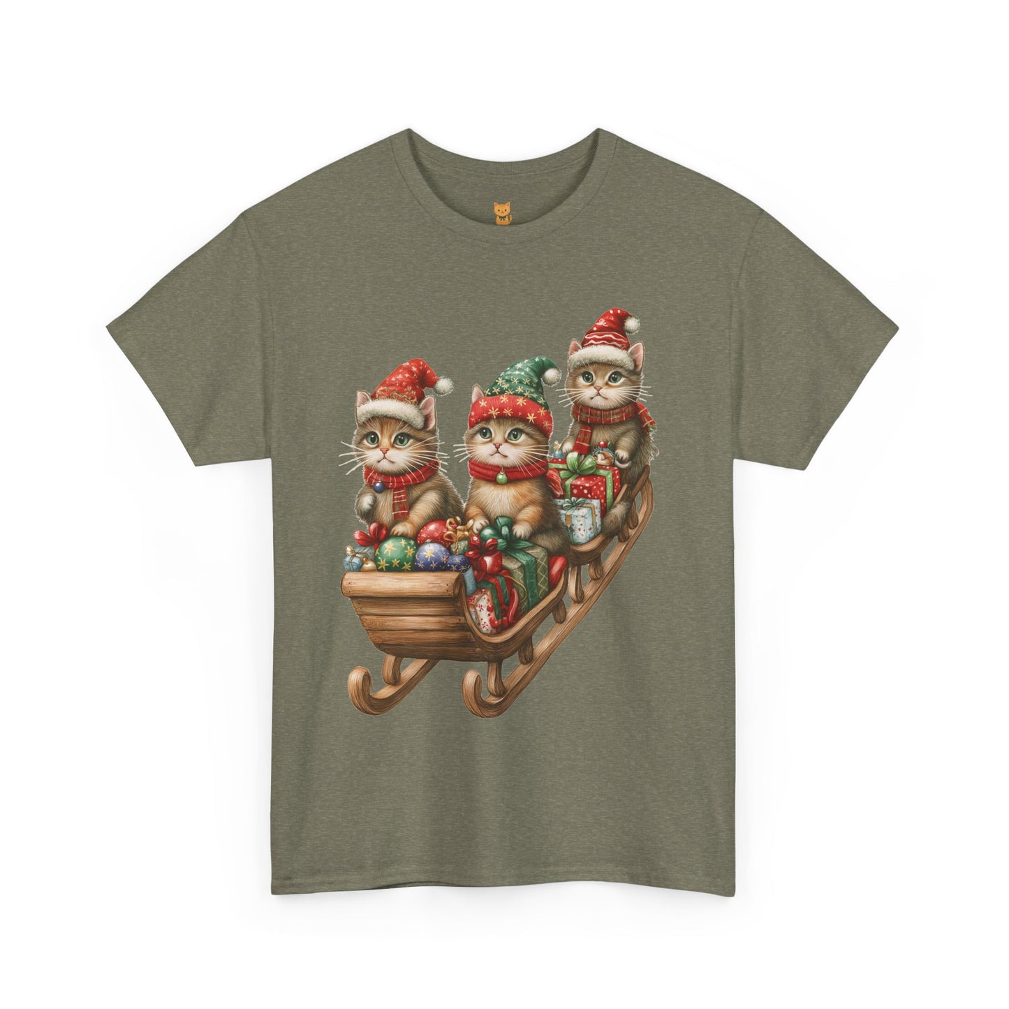 Festive Sleigh Cats T-Shirt – Adorable Holiday Design on Cozy Cotton Tee