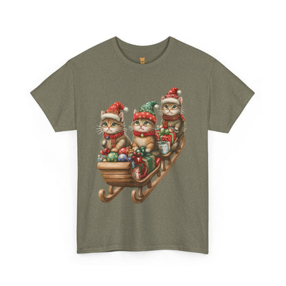 Festive Sleigh Cats T-Shirt – Adorable Holiday Design on Cozy Cotton Tee