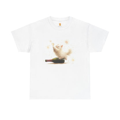 Playful Champagne Cat T-Shirt: Whimsical design featuring a cheerful cat with sparkling details.