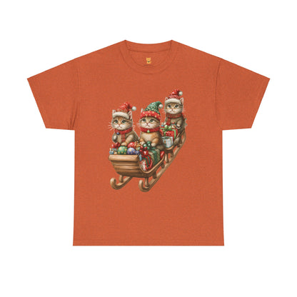 Festive Sleigh Cats T-Shirt – Adorable Holiday Design on Cozy Cotton Tee