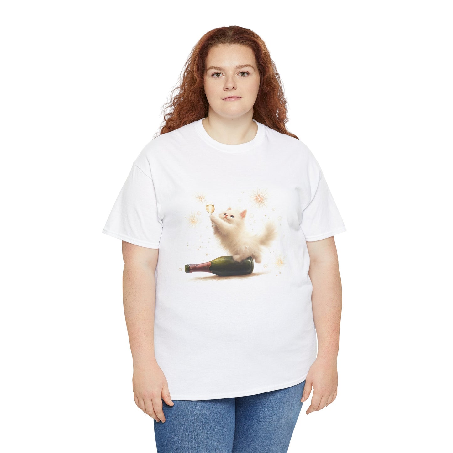 Playful Champagne Cat T-Shirt: Whimsical design featuring a cheerful cat with sparkling details.