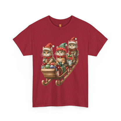 Festive Sleigh Cats T-Shirt – Adorable Holiday Design on Cozy Cotton Tee