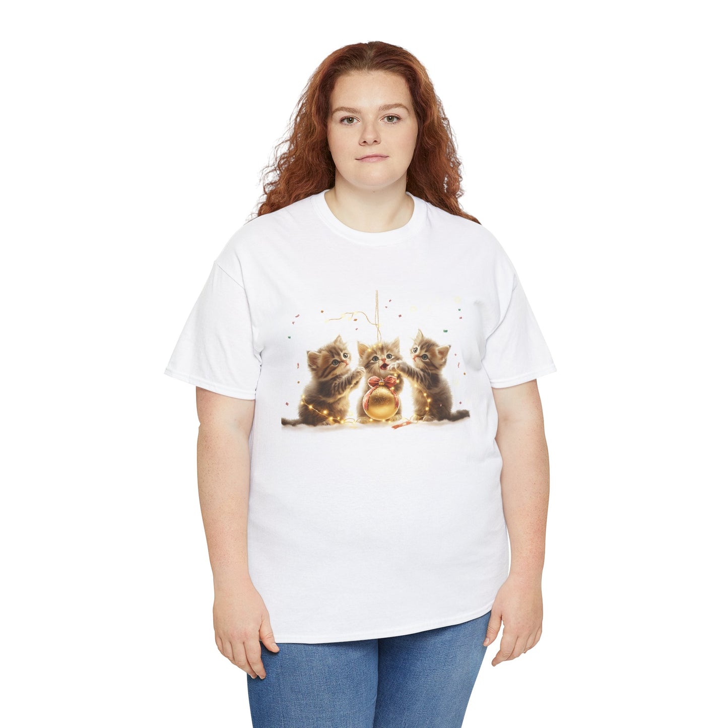 Golden Trio Cat T-Shirt: Playful Kittens with Festive Sparkler Design