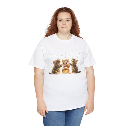 Golden Trio Cat T-Shirt: Playful Kittens with Festive Sparkler Design