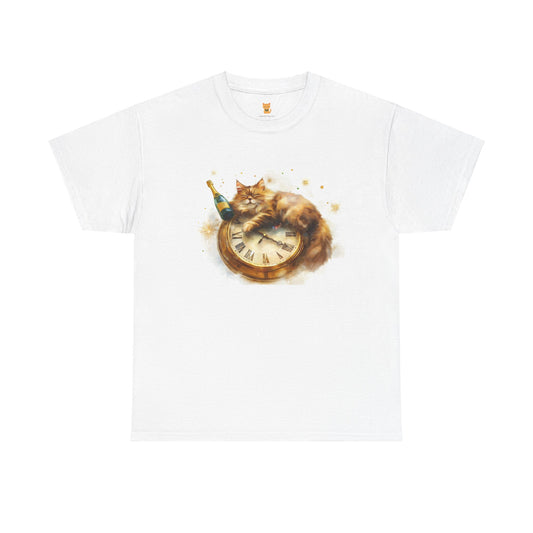 New Year's Cat with Clock and Champagne - Festive T-Shirt Design