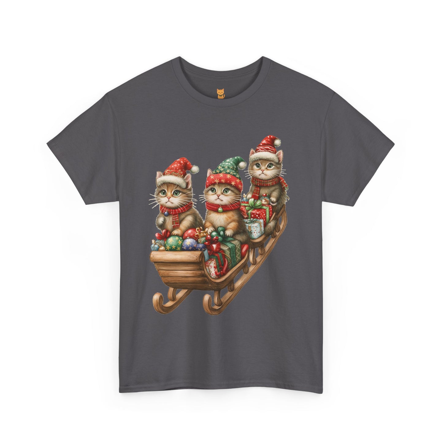 Festive Sleigh Cats T-Shirt – Adorable Holiday Design on Cozy Cotton Tee