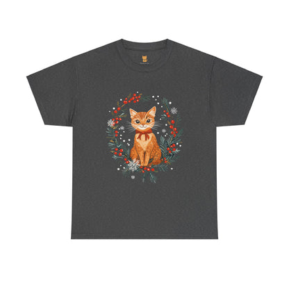 Festive Wreath Cat T-Shirt - Holiday Cat Design with Seasonal Charm