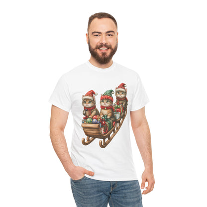 Festive Sleigh Cats T-Shirt – Adorable Holiday Design on Cozy Cotton Tee