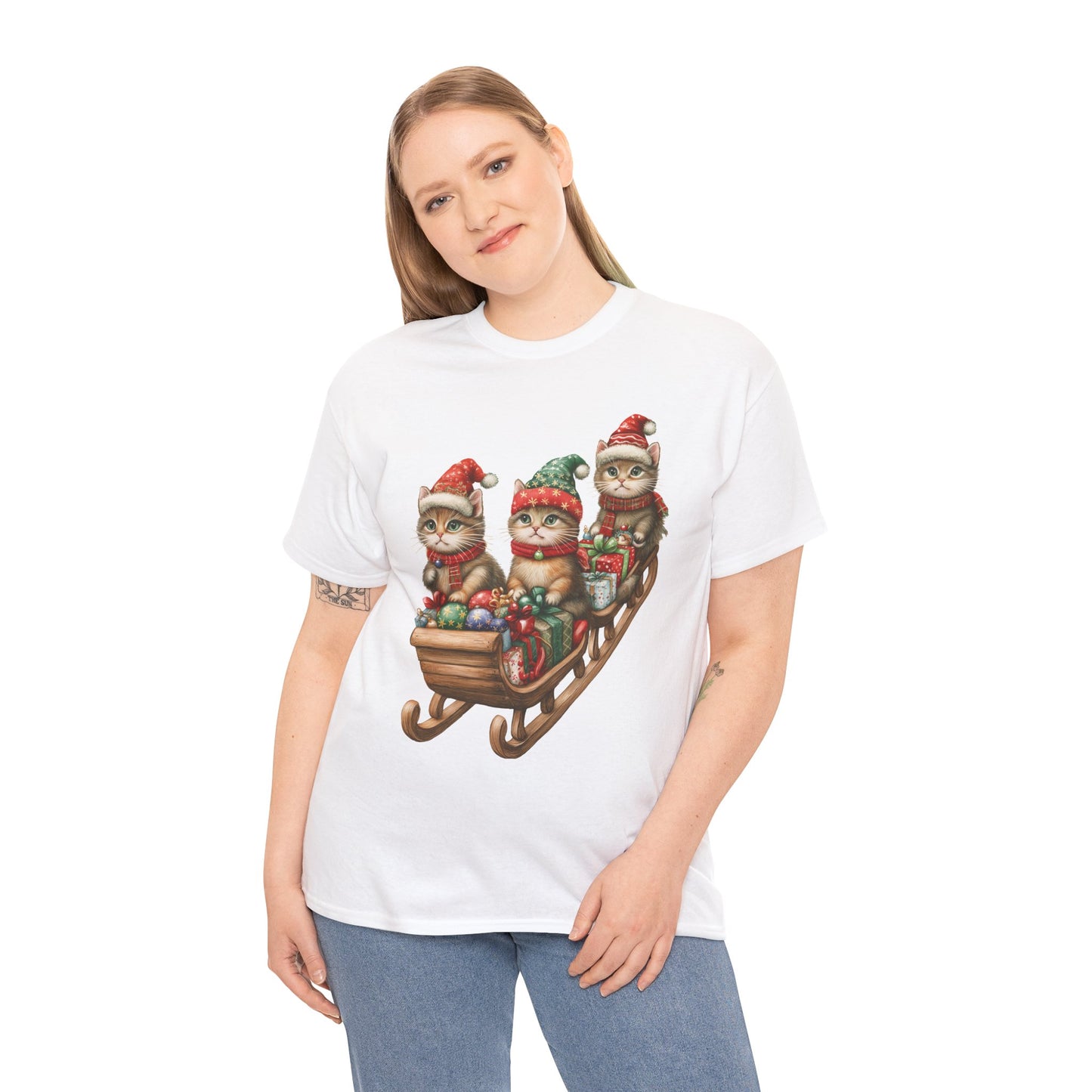 Festive Sleigh Cats T-Shirt – Adorable Holiday Design on Cozy Cotton Tee