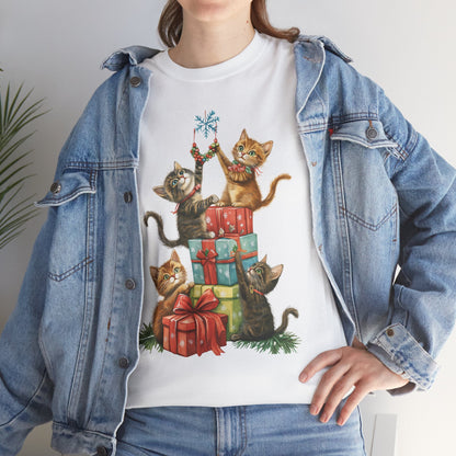 Merry Christmas Cats T Shirt Fun Xmas Design on Super Soft Cotton Tee