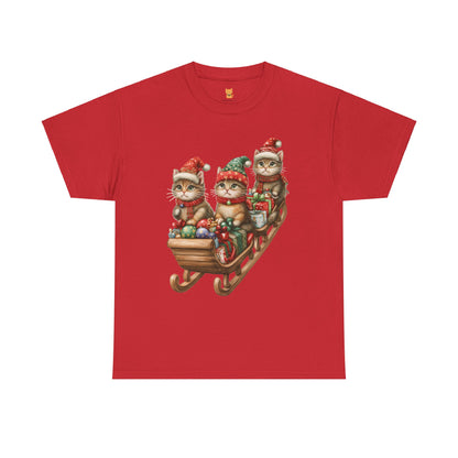 Festive Sleigh Cats T-Shirt – Adorable Holiday Design on Cozy Cotton Tee