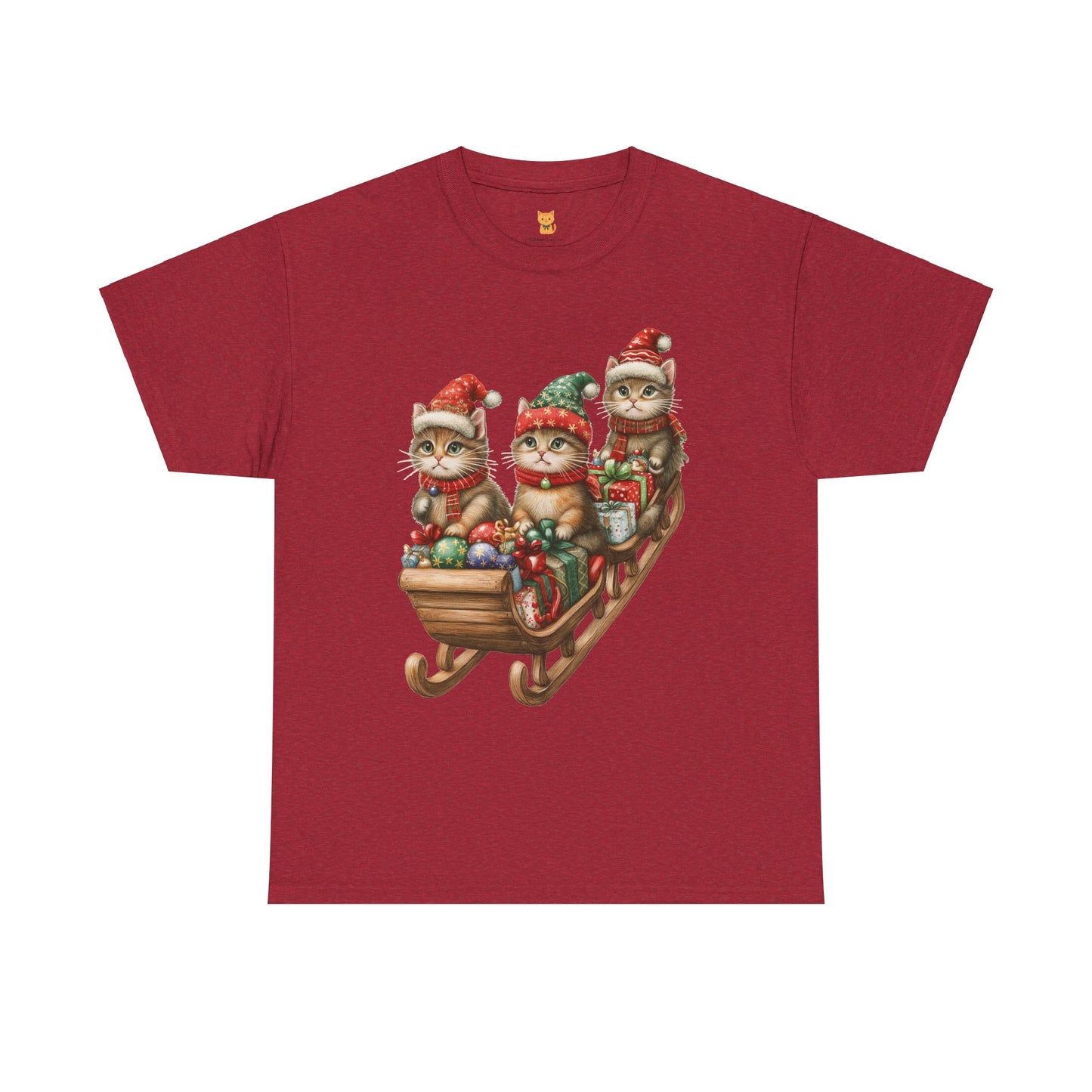 Festive Sleigh Cats T-Shirt – Adorable Holiday Design on Cozy Cotton Tee