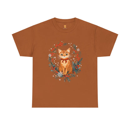 Festive Wreath Cat T-Shirt - Holiday Cat Design with Seasonal Charm