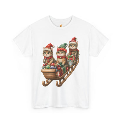 Festive Sleigh Cats T-Shirt – Adorable Holiday Design on Cozy Cotton Tee